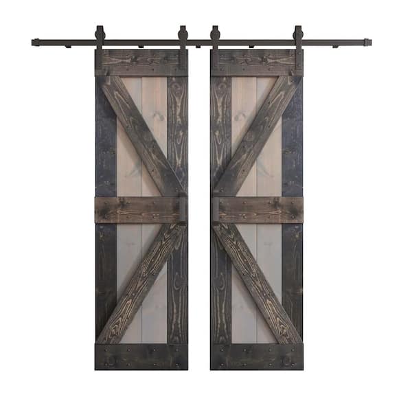 COAST SEQUOIA INC K Series 48 in. x 84 in. Light Grey/Carbon Grey Knotty Pine Wood Double Sliding Barn Door with Hardware Kit
