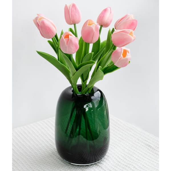 Unbranded 7 in. L x 4.7 in. W x 6.7 in. H Dark Green Glass Bud Vase, Round Modern Decor for Home and Centerpieces