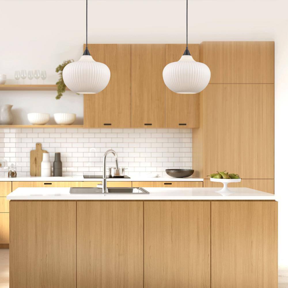 Black Ribbed Glass Globe Pendant Light