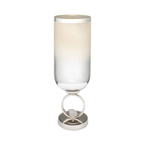 17 in. Pearl White Glass Cylinder Decorative Vase with Metal Base Stone Accent