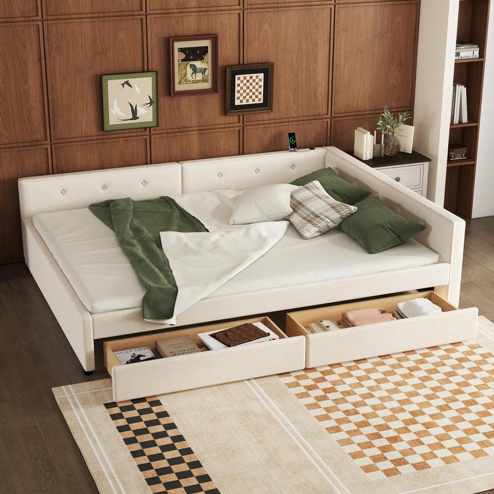 Beige Wood Frame Queen Size Linen Upholstered Platform Bed with USB Ports and 2 Storage Drawers