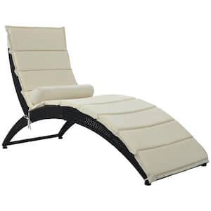 PE Rattan Wicker Outdoor Patio Foldable Chaise Lounger with Beige Cushion, Summer Backyard Pool Sun Lounger