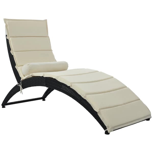 ouoteto PE Rattan Wicker Outdoor Patio Foldable Chaise Lounger with Beige Cushion, Summer Backyard Pool Sun Lounger
