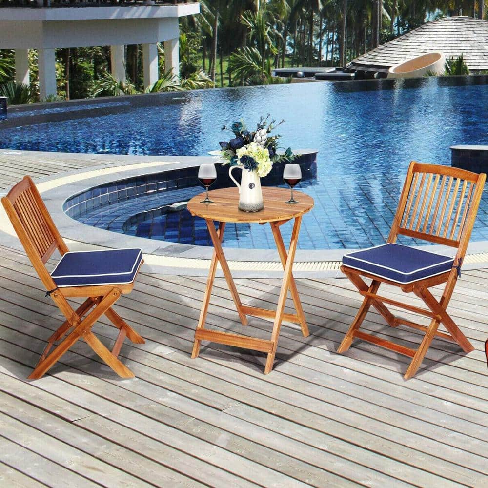 3-Piece Folding Acacia Wood Outdoor Bistro Set with Round Coffee Table and 