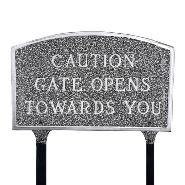 Montague Metal Products 13 in. x 21 in. Large Arch Caution Gate Opens Towards You Statement Plaque Sign with Lawn Stakes - Swedish Iron