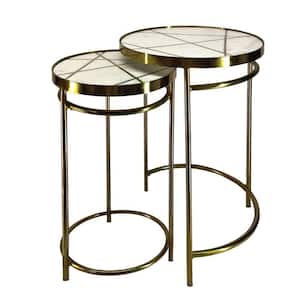 15 in. Brass Inlay and White Round 2-Piece Marble Top Nesting End Table Set with Metal Frame