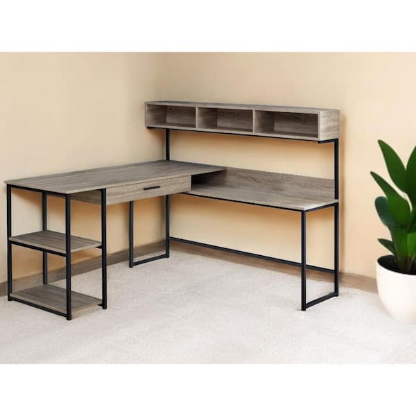 HomeRoots 59 in. L-Shaped Taupe Metal 1-Drawer Computer Desks