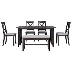 6-Piece Espresso Family Dining Room Set Solid Wood Space Saving Foldable Table and 4 Chairs with Bench for Dining Room
