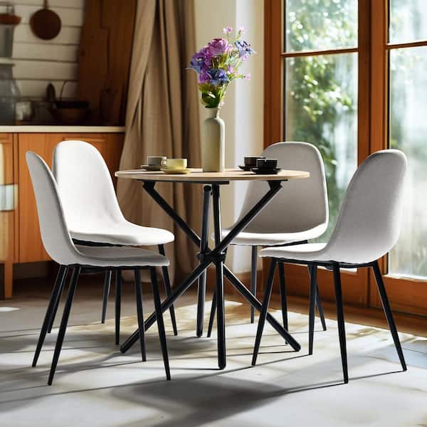 CHARFONTANA Modern 5-Piece Natural Oak Round Wood Dining Table Set with 4 Upholstered Chairs in Linen Beige. (Seats 4)