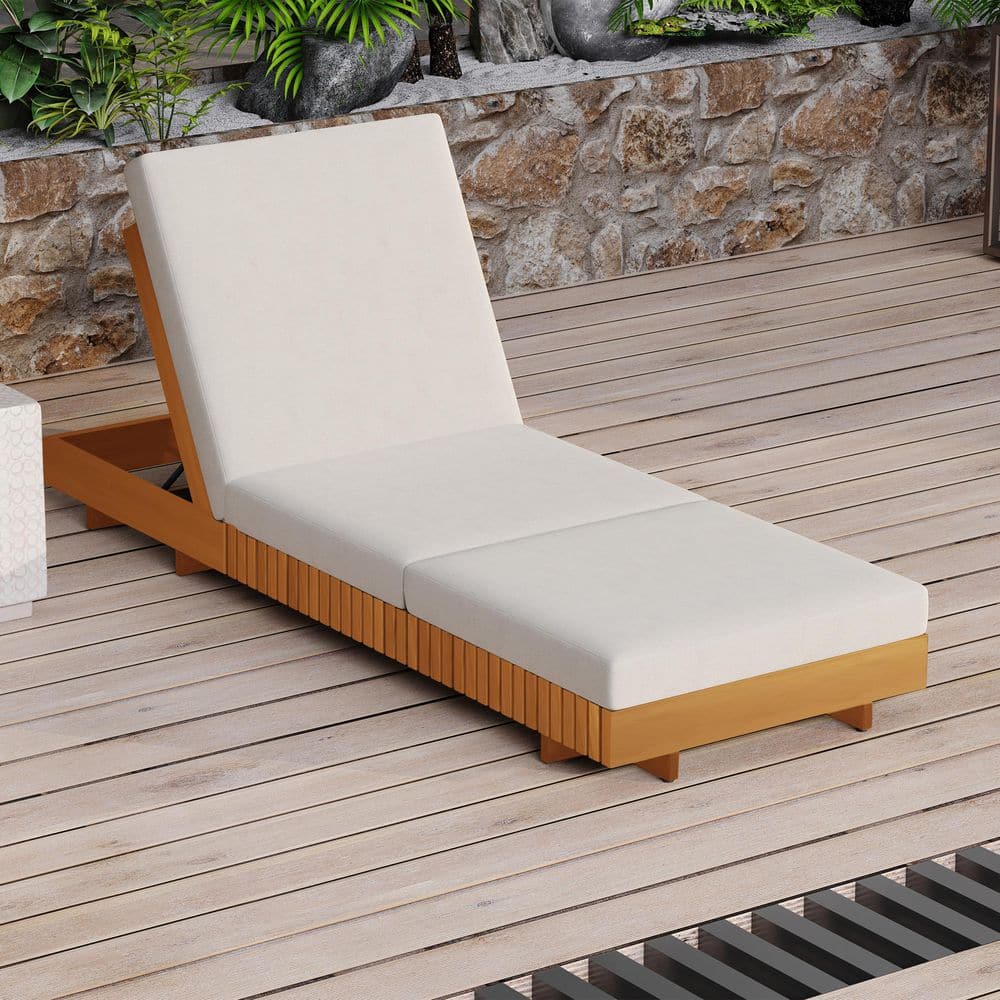 Bade Patio Solid Wood Adjustable Backrest Outdoor Chaise Lounge with Triple Folds Cream Cushion, Copper Teak Finish