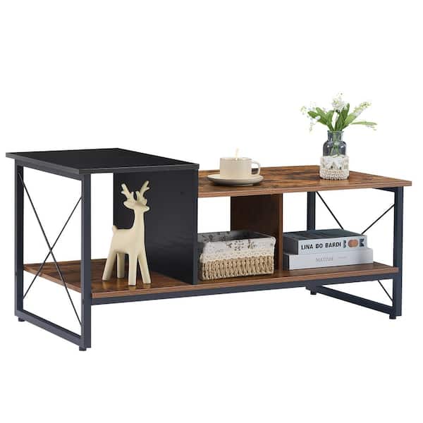 VECELO 2-Tier Table 39.4 in. Brown Rectangle Wooden Coffee Table with Storage Shelf and Metal Frame for Living Room/Office
