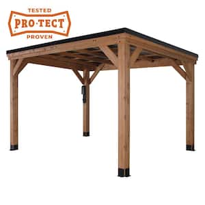 Arcadia 12 ft. x 9 ft. 6 in. All Cedar Wood Gazebo with Hard Top Steel Metal Roof and Electric, Brown