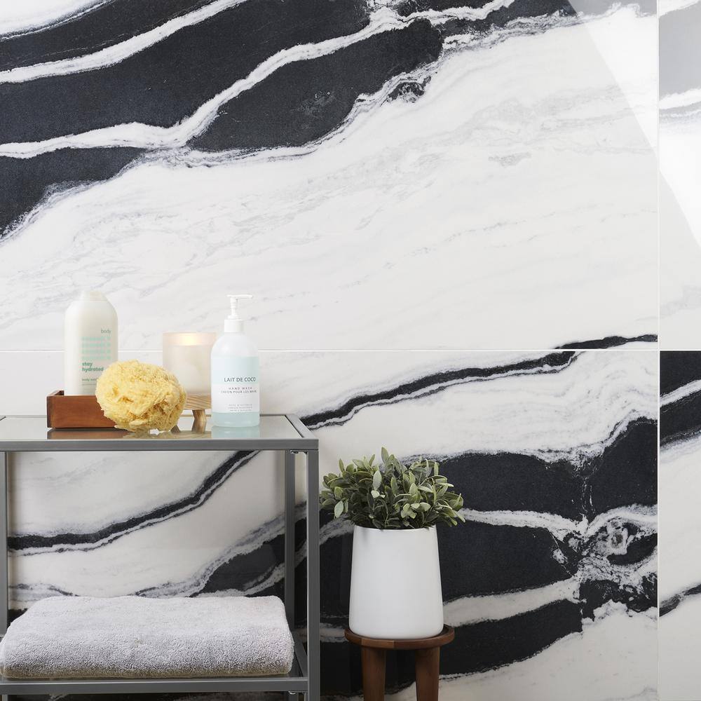 Magnus 24" x 48" Polished Black and White Porcelain Tile