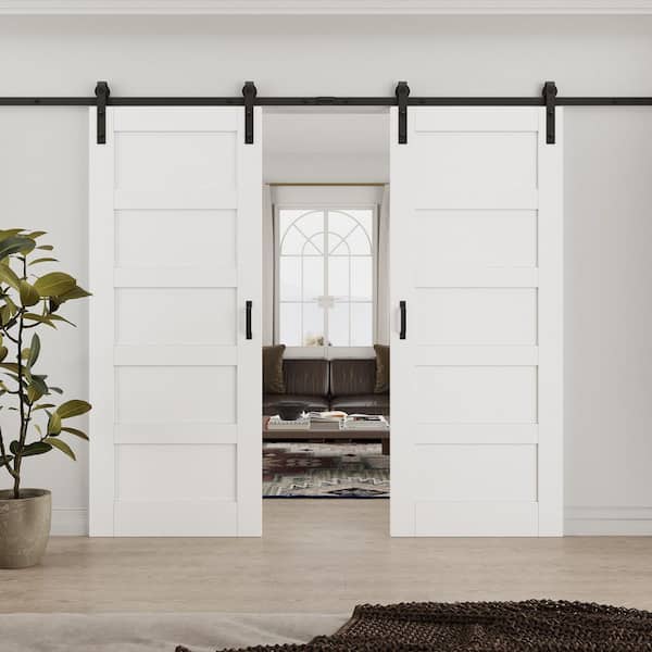 64 in. x 96 in. Waterproof 5 Panel White MDF Easy Install Sliding No Assembly Required Barn Door Slab with Hardware Kit