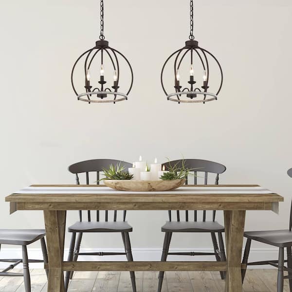 Farmhouse 3-Light Rustic Iron and Slategray Candlestick Chandelier with Globe Cage for Foyer, No Bulb Included