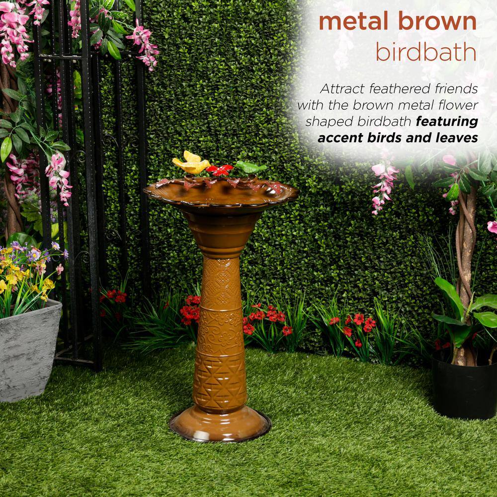 Brown Metal Pedestal Birdbath with Floral Basin, 28"