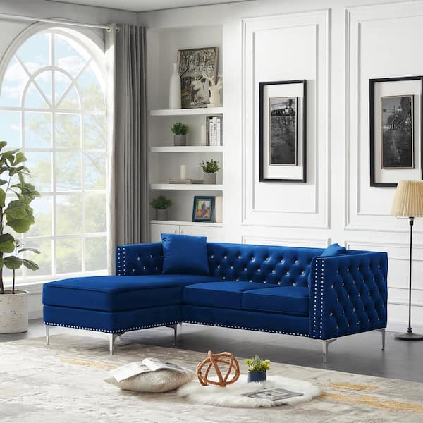 Gojane 82 3 In W Square Arm 2 Piece Velvet L Shaped Sectional Sofa Blue With Jeweled Ons W1117s00011lwy The