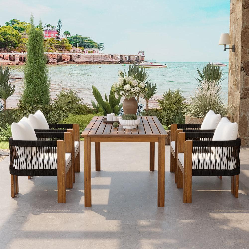 5-Piece Brown Outdoor Patio Dining Set with Rope Woven Chair and Beige Cushions for Backyard price history on PriceWatchPro