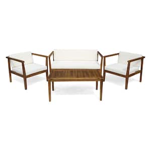 4-Seater Teak Acacia Wood Patio Conversation Set with Coffee Table with Beige Cushions for Garden, Backyard, Porch