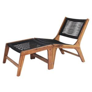 Carmona Armless Wood Outdoor Lounge Chair in Black with Ottoman