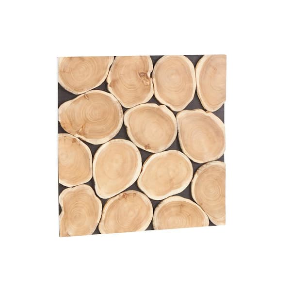 Litton Lane Teak Wood Brown Handmade Mosaic Inspired Wood Slab Abstract Wall Art Decor with Black Backing