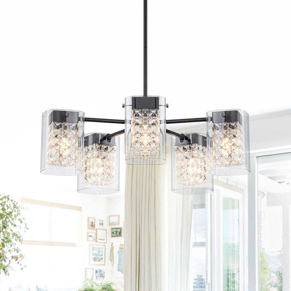 23.62 in. 5-Light Matte Black Chandelier with Crystal and Glass Cylinder Shades for Living Room price history on PriceWatchPro