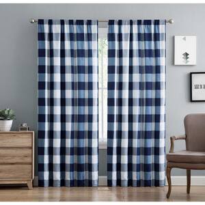 Navy Blue Buffalo Check Rod Pocket Room Darkening Curtain - 50 in. W x 84 in. L (Set of 2)