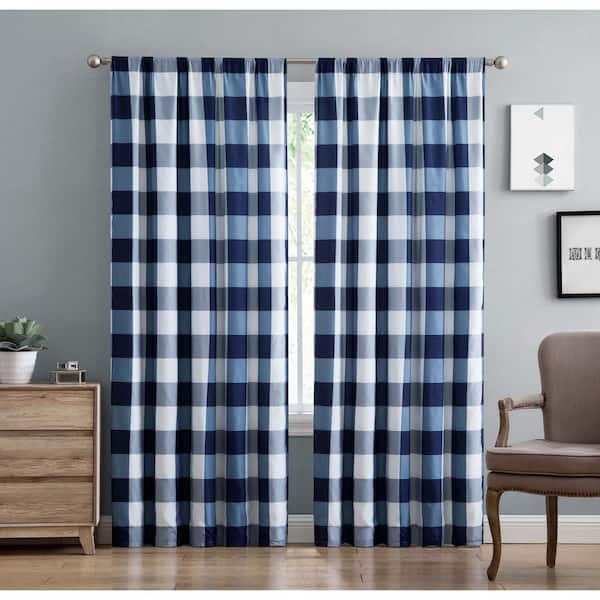 Truly Soft Navy Blue Buffalo Check Rod, Navy Blue And Beige Curtains