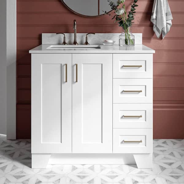 ARIEL Taylor 37 in. W x 22 in. D x 35.25 in. H Freestanding Bath Vanity in White with Carrara White Marble Top