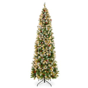 9 ft. Pre-Lit Incandescent Flocked Artificial Christmas Tree with 460 Warm White Lights and Pine Cones, Berries