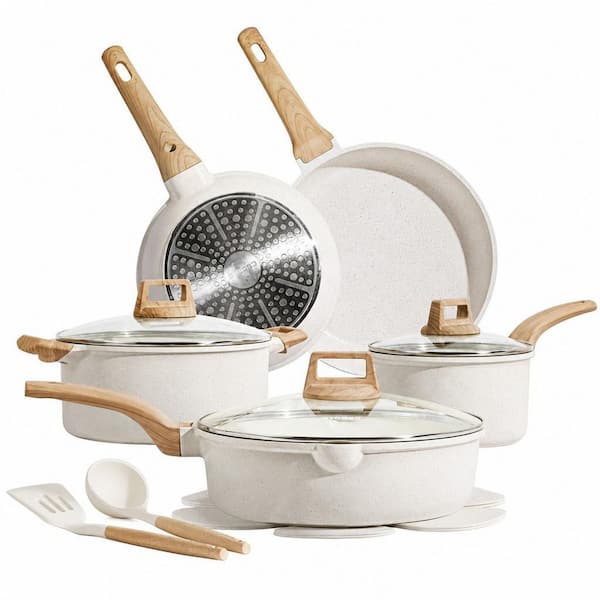 14-Piece Ceramic Nonstick Cookware Set in Cream White Induction Compatible Reinforced Aluminum