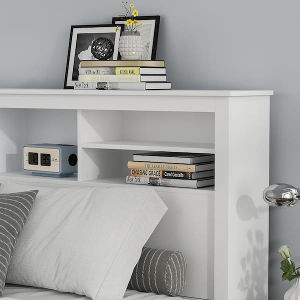 Full Queen White Wood Headboard Shelf, Full Bookcase Headboard With Lights