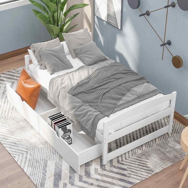 White Wood Frame Twin Size Platform Bed with 2 Drawers