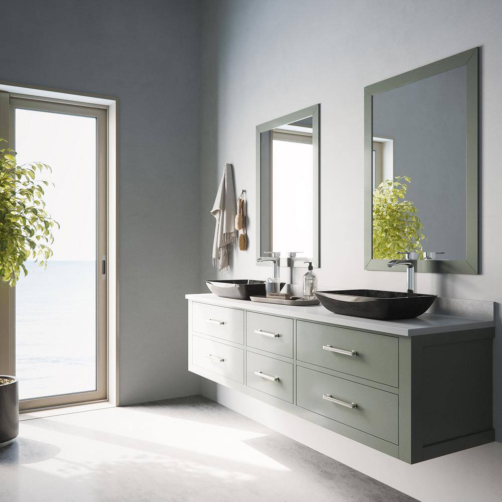 Gray Onyx Glass Rectangular Vessel Sink with Chrome Faucet