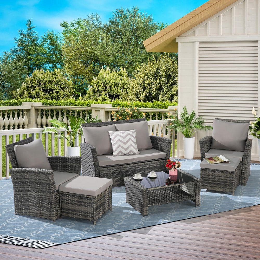 人文 #OUTDOOR Gray 6-Piece Wicker Patio Outdoor Sectional Set, Conversation Set