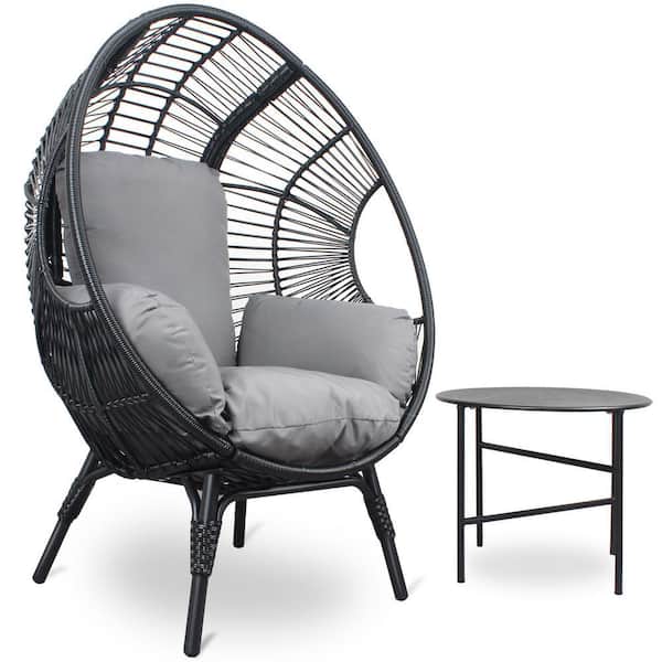 maocao hoom Black Patio Rattan Wicker Egg Chair Model 2-with Grey Cushion and Side Table