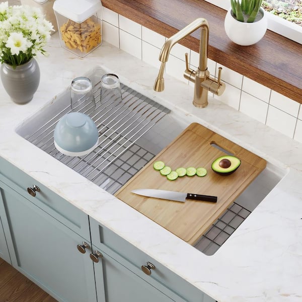 33 in. L x 19 in. W White Fireclay Rectangular Single Bowl Undermount Workstation Kitchen Sink with Accessories