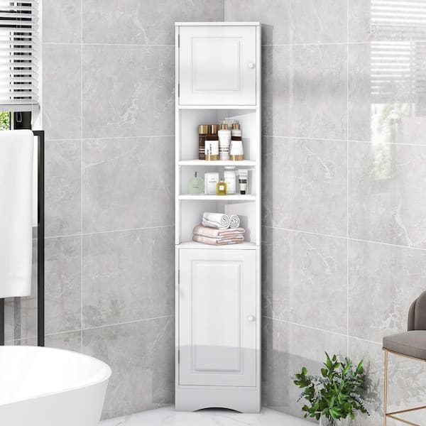 Unbranded 14.6 in. W x 9.7 in. D x 66.9 in. H White MDF Ready to Assemble Corner Cabinet with 2-Doors and Adjustable Shelves