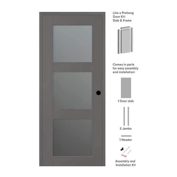 Vona 30 in. x 96 in. Left-Handed 3-Lite Frosted Glass Gray Matte Composite DIY-Friendly Single Prehung Interior Door