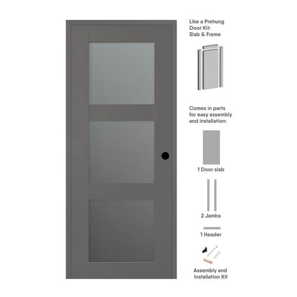 Vona 32 in. x 84 in. Left-Handed 3-Lite Frosted Glass Gray Matte Composite DIY-Friendly Single Prehung Interior Door