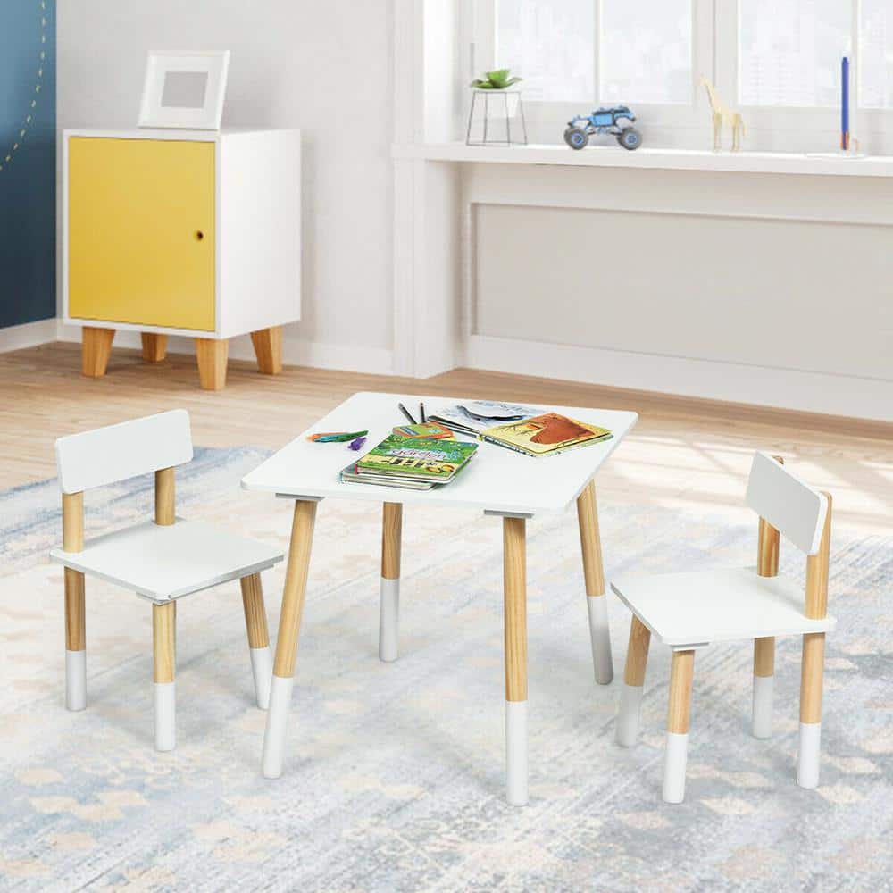 White and Natural Pine Wood Kids Table and Chair Set