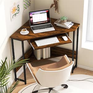 28.5 in. Triangle Corner Brown Steel Computer Desk Small Space Study Desk Home Office with Keyboard Tray