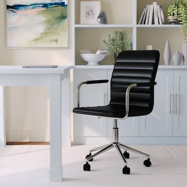 MARTHA STEWART Taytum Faux Leather Adjustable Height with Wheels Office Chair in Black Faux Leather/Polished Nickel with Arms