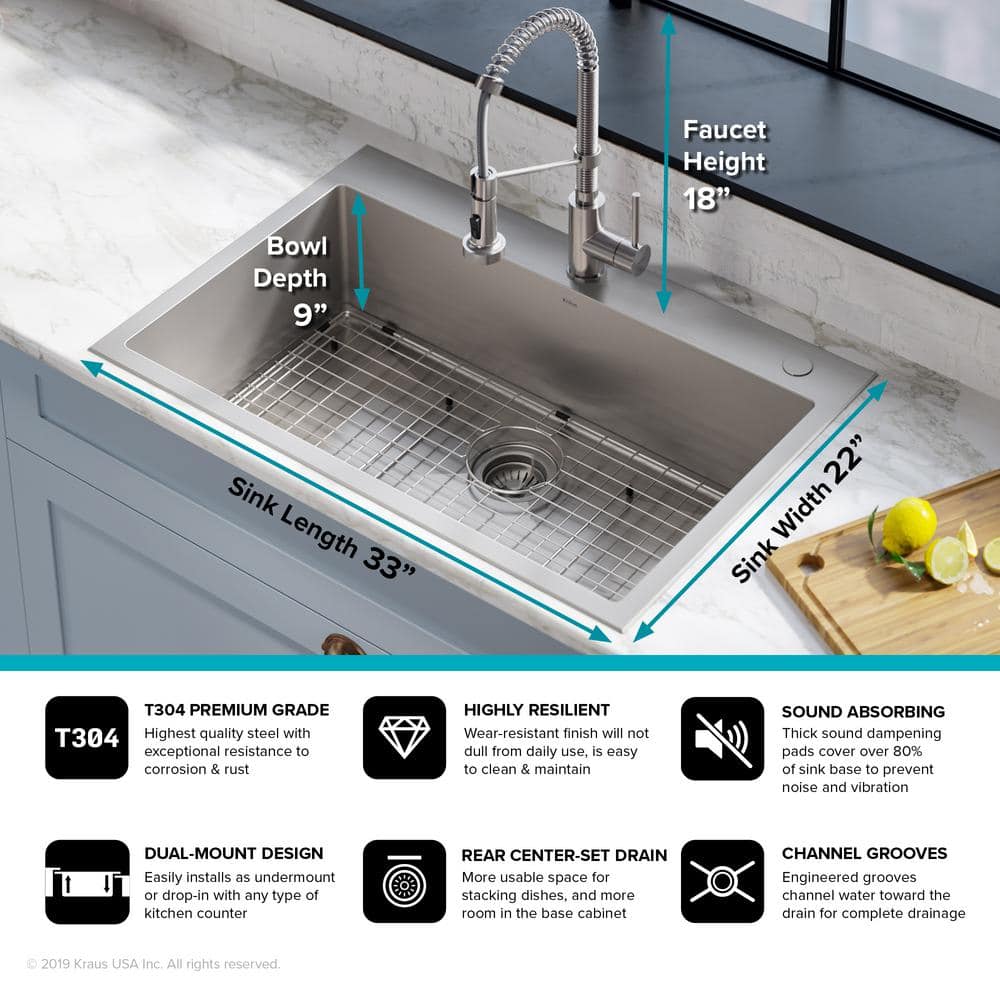 Stainless Steel Dual Mount Kitchen Sink with Pull-Down Faucet, 33"