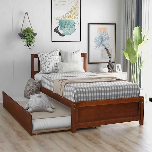 Walnut Wood Frame Twin Size Platform Bed with Trundle