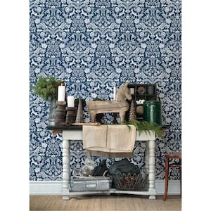 Forest Dance Navy Damask Fabric Pre-Pasted Matte Strippable Wallpaper