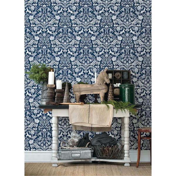 Forest Dance Navy Damask Fabric Pre-Pasted Matte Strippable Wallpaper
