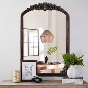 Rustic Arched 24 in. W x 36 in. H Solid Wood Framed DIY Carved Full Length Mirror in Charcoal
