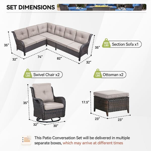 6-Piece Brown Wicker Patio Conversation Set with Olefin Beige Cushions L-Shaped Sofa with Ottoman/Swivel Patio Chair