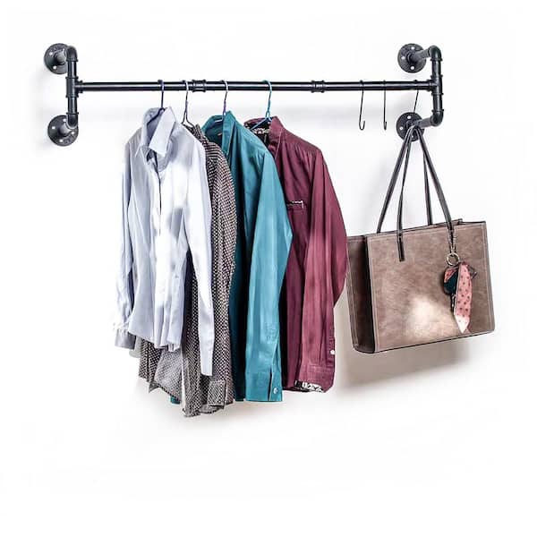 Industrial Pipe Clothes Rack with 3Extra Hooks 41''L Wall Mounted